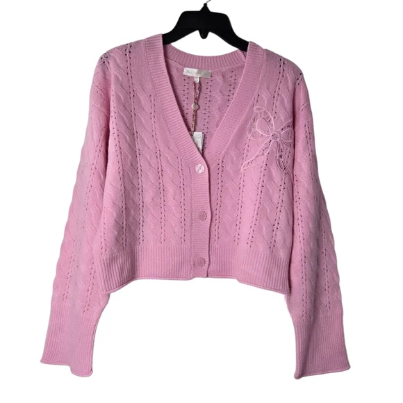 NWT LoveShackFancy Leota Wool Cashmere‎ Cardigan Pink Cable Knit Bow Sweater XL